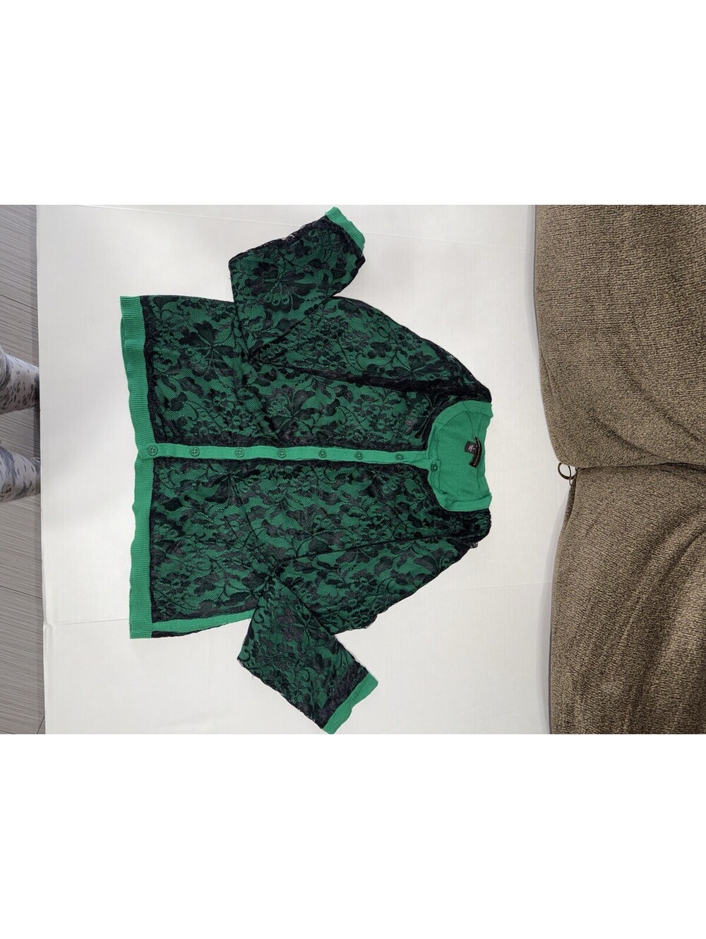 Cottage Vintage Emerald Green Black Lace Cardigan Knit Sweater Blouse Top Button